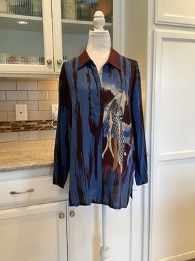 Harari Long-Sleeve Blue Fish Silk Popover Shirt XL